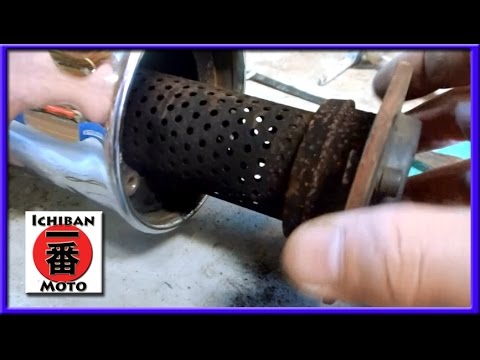 how to remove and repack a vintage motorcycle muffler exhaust baffel silencer with fiberglass