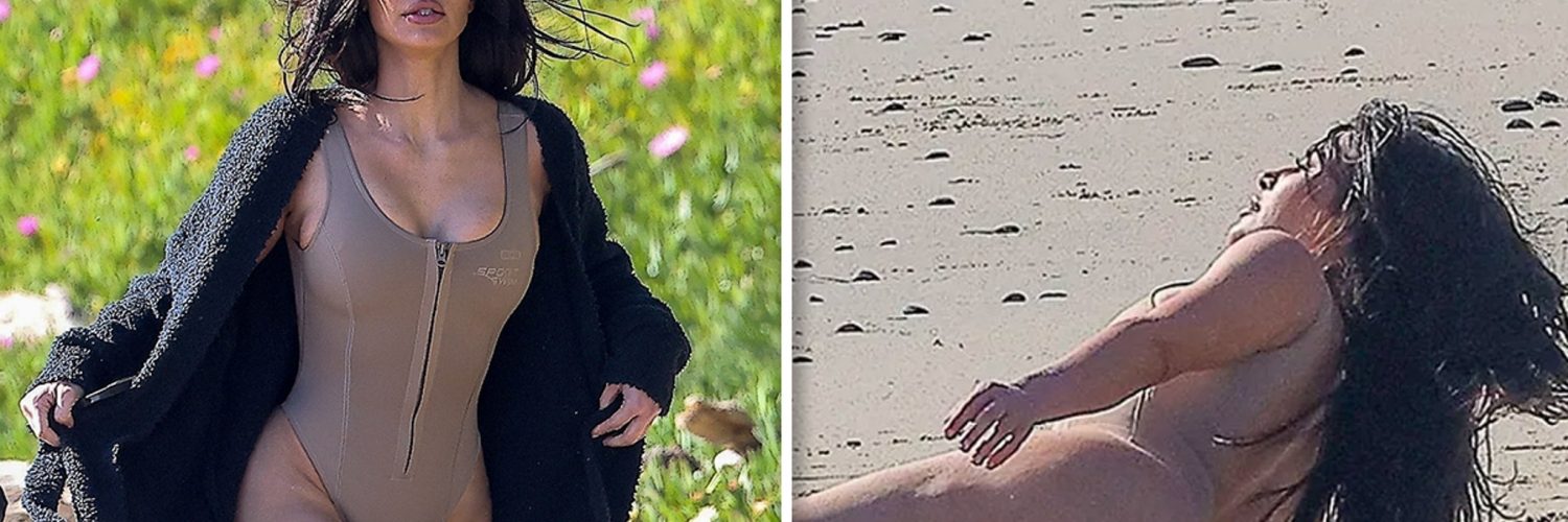 Kim Kardashian Hits Malibu Beach in Spectacular Beige One-Piece for SKIMS Photo Shoot