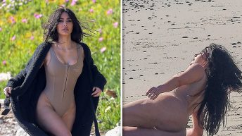 Kim Kardashian Hits Malibu Beach in Spectacular Beige One-Piece for SKIMS Photo Shoot