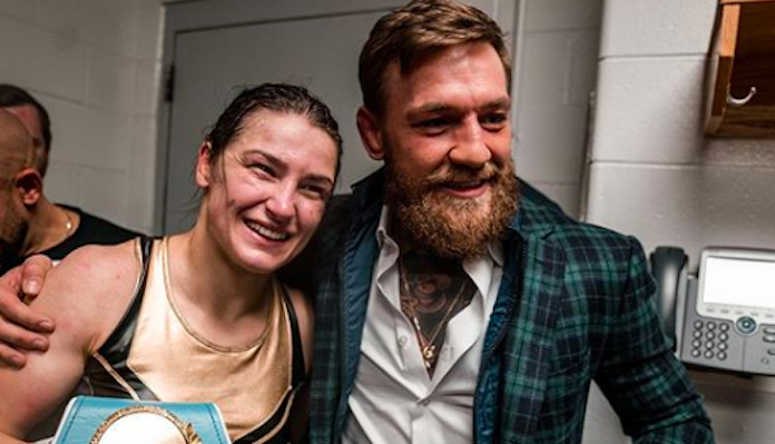 Conor McGregor reacts after Katie Taylor suffers first pro boxing defeat to Chantelle Cameron