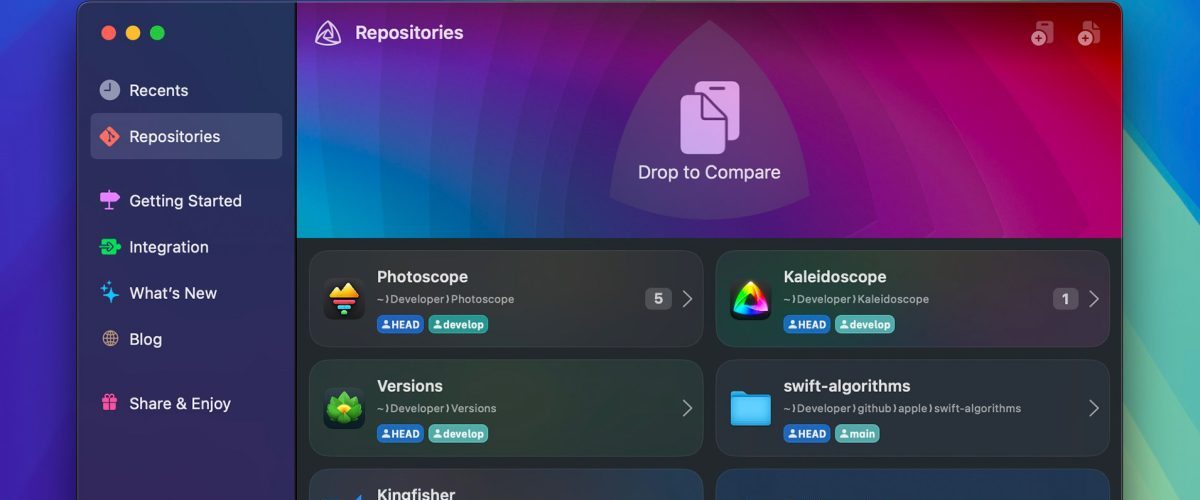 File comparison app Kaleidoscope updated with deeper Git Repositories integration