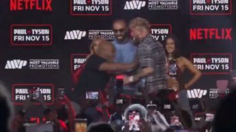 VIDEO | Jake Paul and Mike Tyson engage in shoving match during press conference at Fanatics Fest NYC